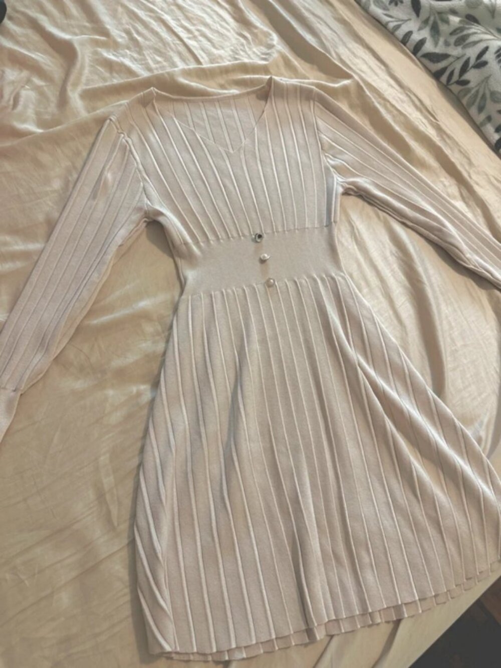Chic Oatmeal Beige Ribbed Knit Pleated Dress with Pearl Buttons - Size S